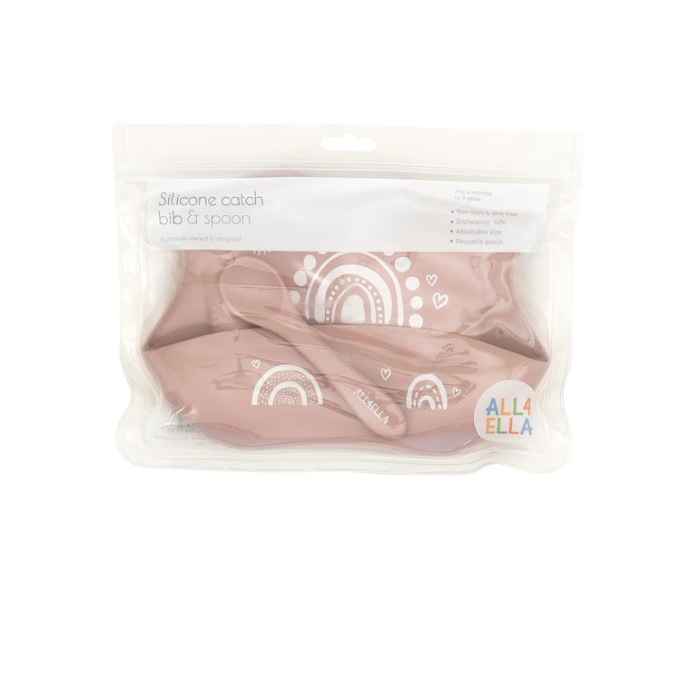 ALL4ELLA Silicone catch bib & spoon - Rainbow Dusty Pink