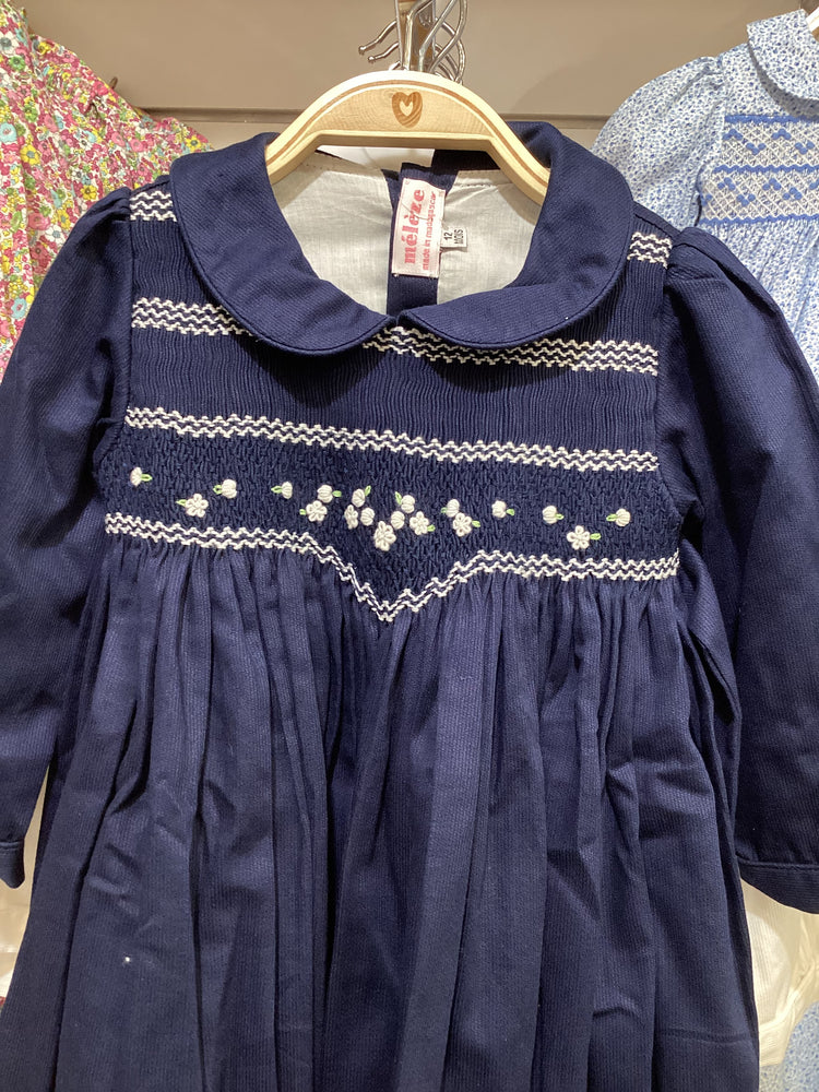Meleze Hand Smocked Dress Long Sleeves Nave 02 Floral 6M-8Y