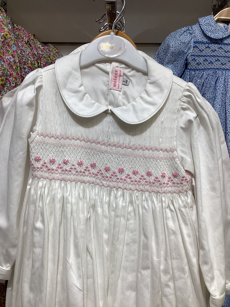 Meleze Hand Smocked Dress Long Sleeves White Floral 6M-8Y