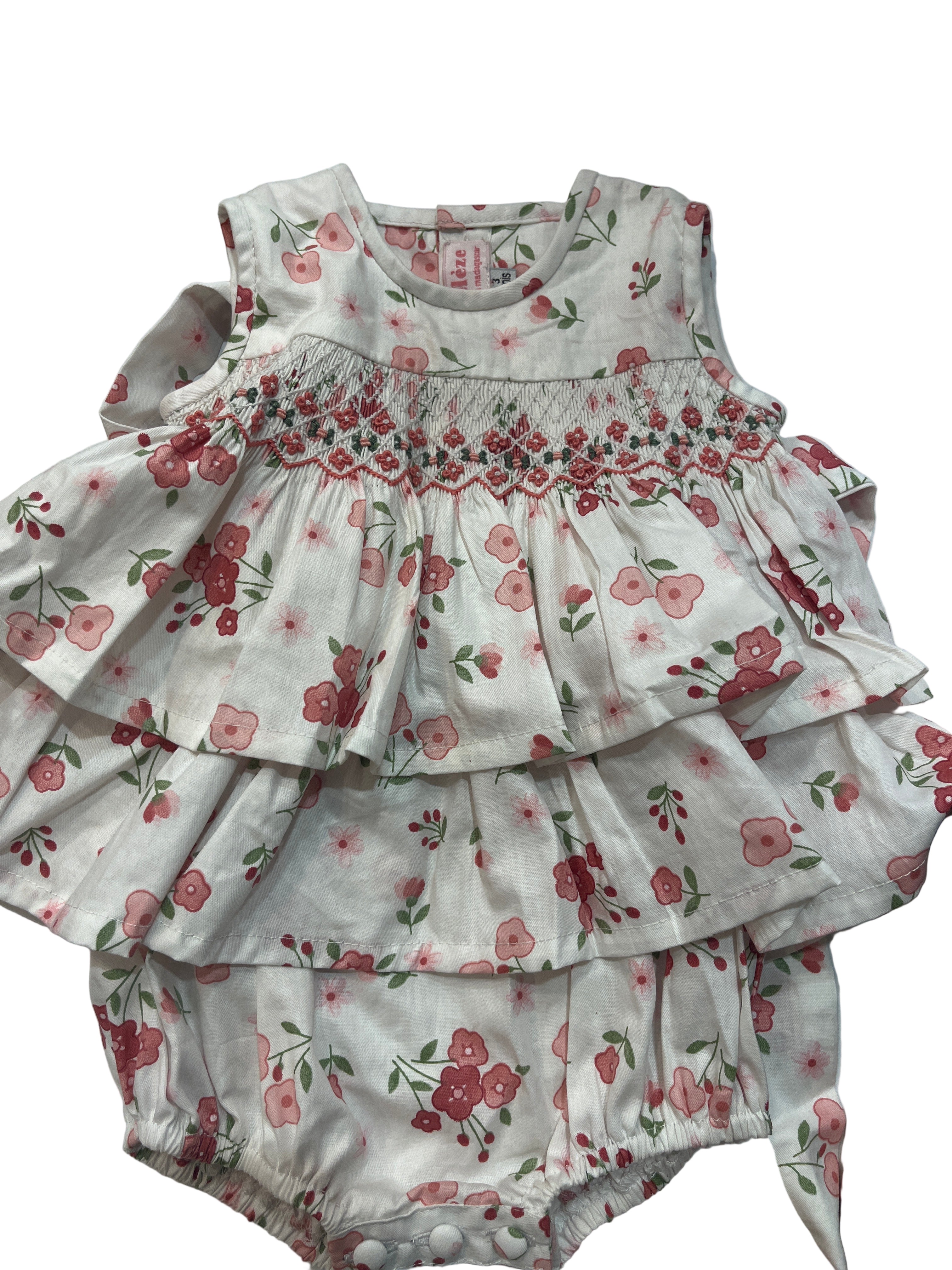 Meleze Peter Collar Hand Smocked Dress- White/Green main image 0