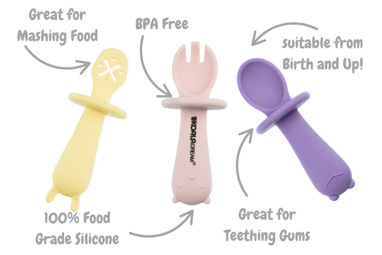 SILICONE ANIMAL SENSORY SPOONS-PINK YELLOW