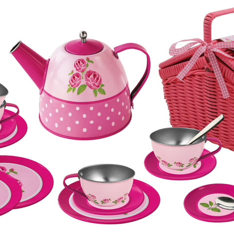 ROSE TIN TEA SET IN PICNIC BASKET 18PCS