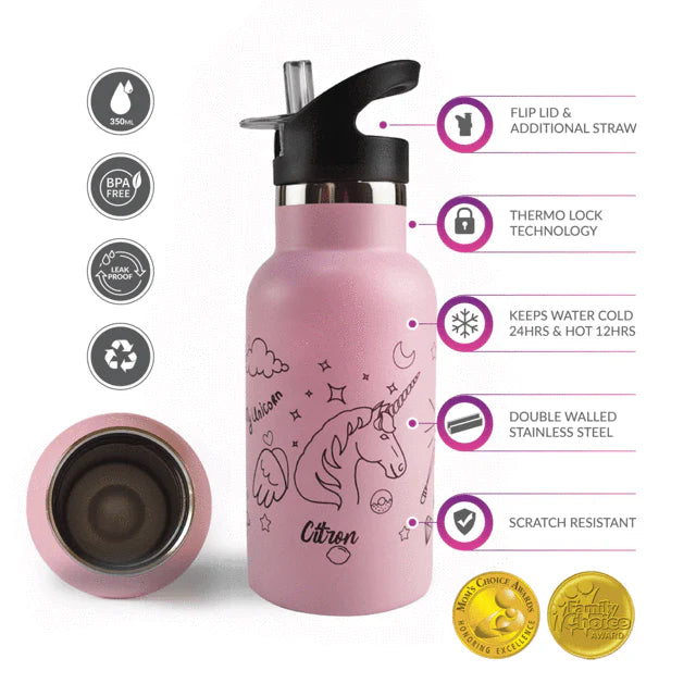 Citron Little Big Water Bottle - QR-Enabled Lost-Proof 350ml - Pink Unicorn