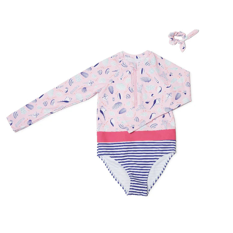 Lesimo Teen Girls Long Sleeves One Piece Rashguard - Seashell Treasures with MATCHING HAIRBAND