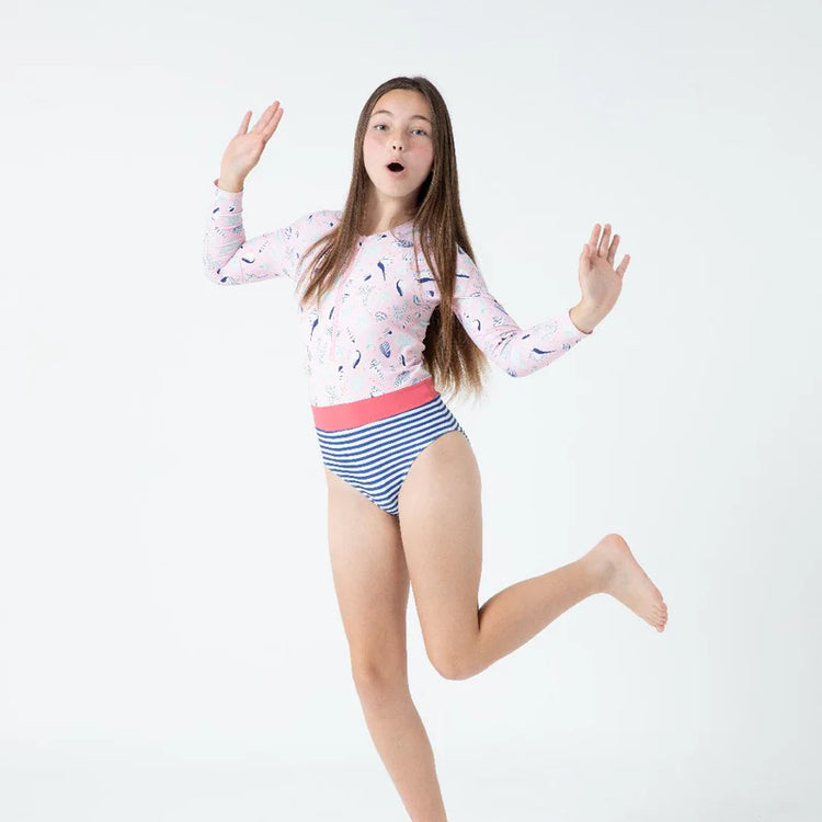 Lesimo Teen Girls Long Sleeves One Piece Rashguard - Seashell Treasures with MATCHING HAIRBAND