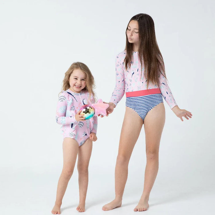Lesimo Teen Girls Long Sleeves One Piece Rashguard - Seashell Treasures with MATCHING HAIRBAND