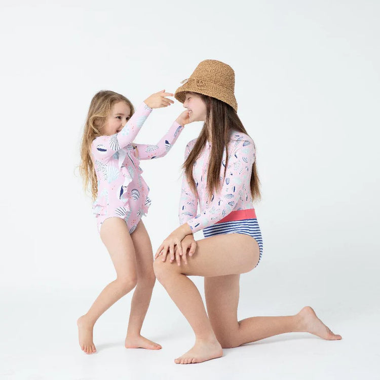 Lesimo Teen Girls Long Sleeves One Piece Rashguard - Seashell Treasures with MATCHING HAIRBAND