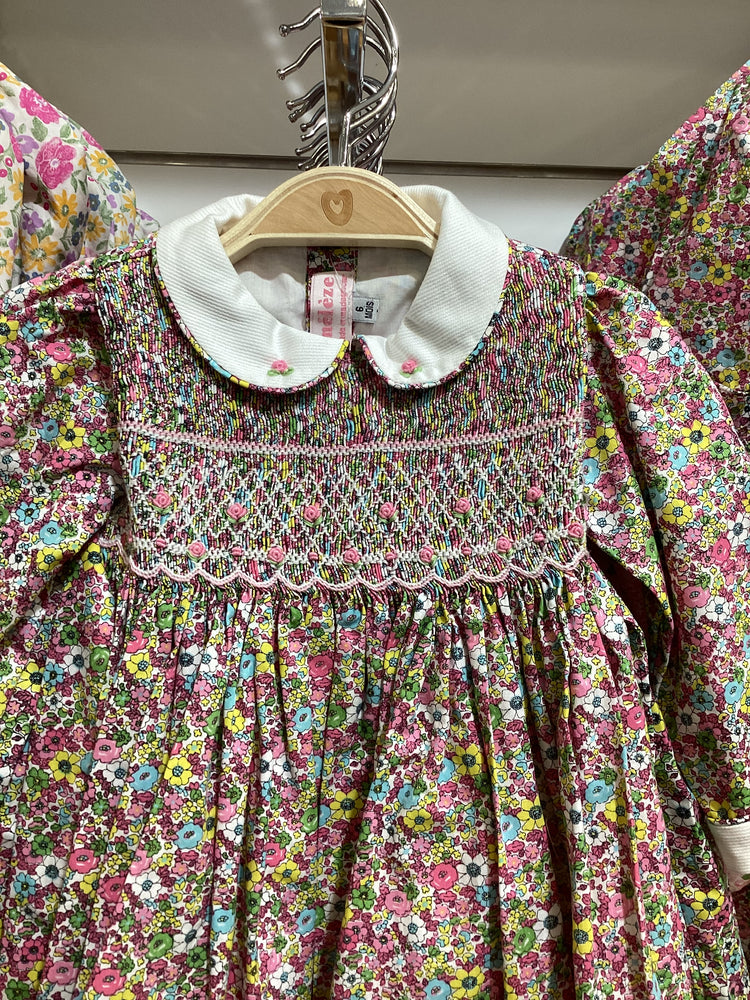 Meleze Hand Smocked Dress Long Sleeves PYG Floral 6M-8Y