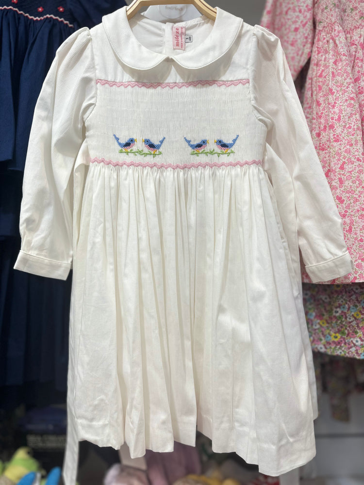Meleze Hand Smocked Dress Long Sleeves white W002
