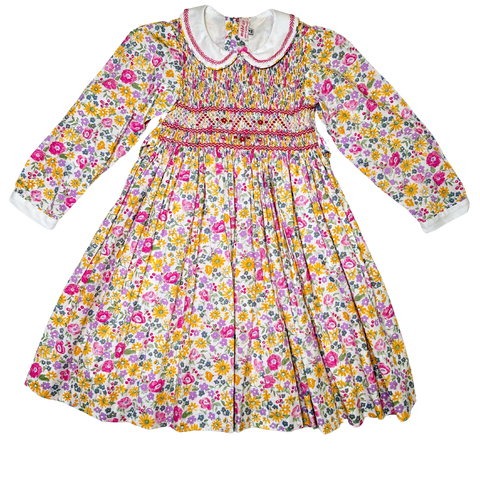 Meleze Hand Smocked Dress Long Sleeves Pink Yellow Floral 6M-8Y