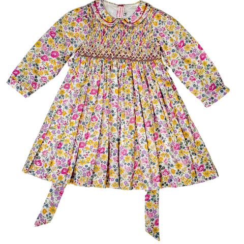 Meleze Hand Smocked Dress Long Sleeves Pink Yellow Floral 6M-8Y
