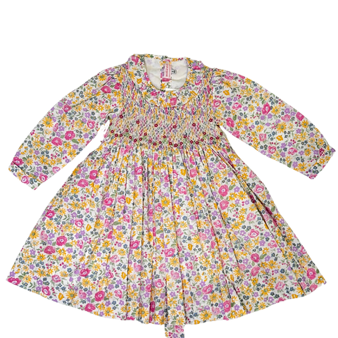 Meleze Hand Smocked Dress Long Sleeves Pink Yellow Floral 6M-8Y