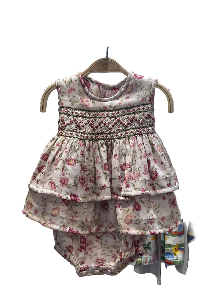 Meleze Hand Smocked Dress Short Sleeves White with Peonies Romper 6M-2Y