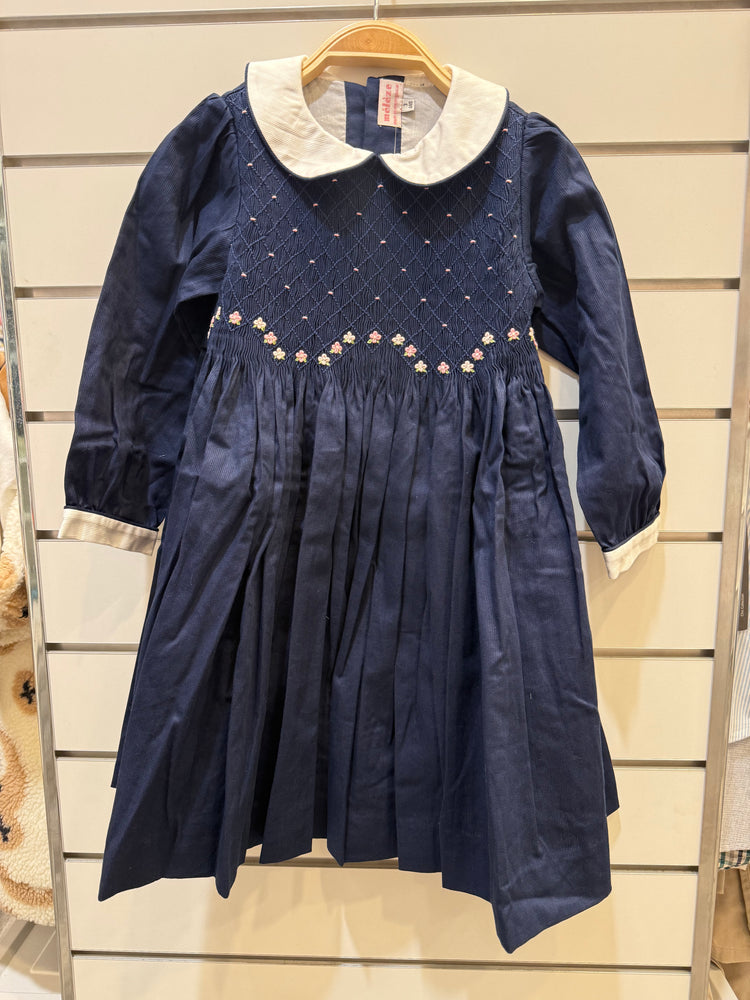 Meleze Hand Smocked Dress Long Sleeves Navy with Jasmine 6M-8Y