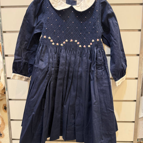 Meleze Hand Smocked Dress Long Sleeves Navy with Jasmine  6M-8Y