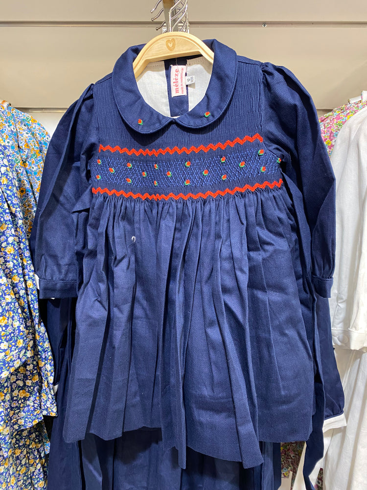Meleze Hand Smocked Dress Long Sleeves - Navy - 12mth