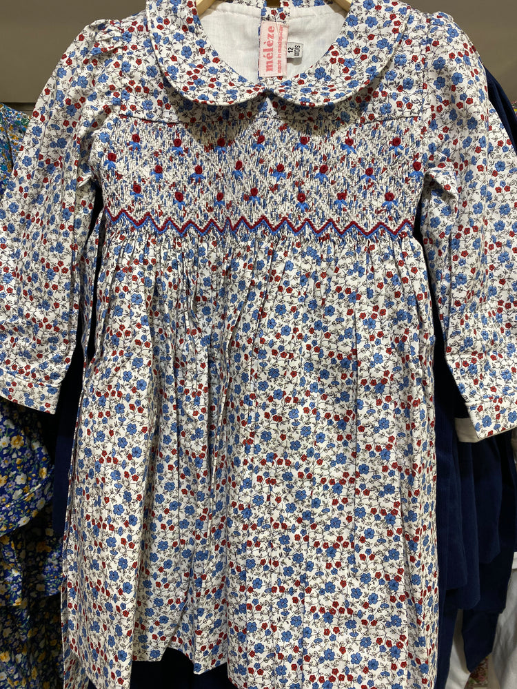 Meleze Hand Smocked Dress Long Sleeves - Blue Floral - 12mth