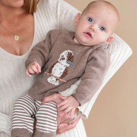 Size 1 BEBE BAILEY KOOKABURRA KNITTED JUMPER and BAILEY STRIPE KNITTED LEGGINGS Set With Free FOX RATTLE Special Combo