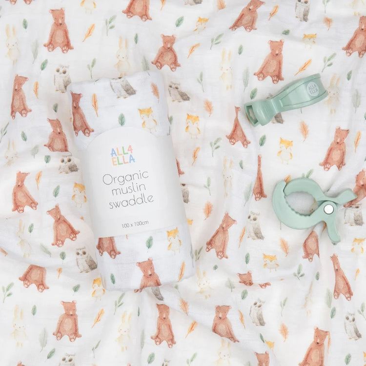 ALL4ELLA Organic muslin swaddle & 2 pram peg gift set - Forest Friends