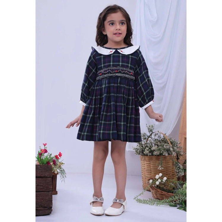 Soleilclo Tartan Hand Smocked Girls Dress - Green & Navy with Rose