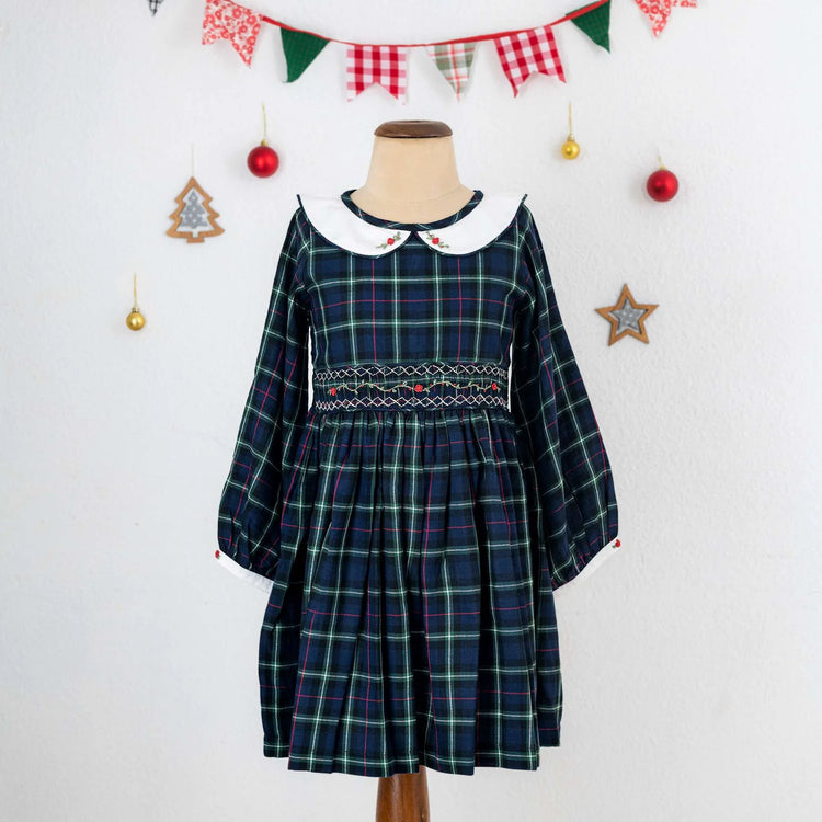 Soleilclo Tartan Hand Smocked Girls Dress - Green & Navy with Rose