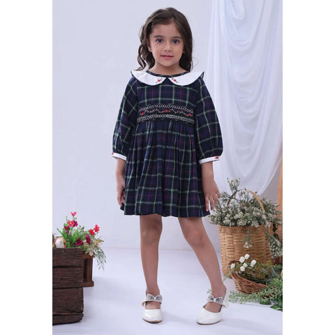 Soleilclo Tartan Hand Smocked Girls Dress - Green & Navy with Rose