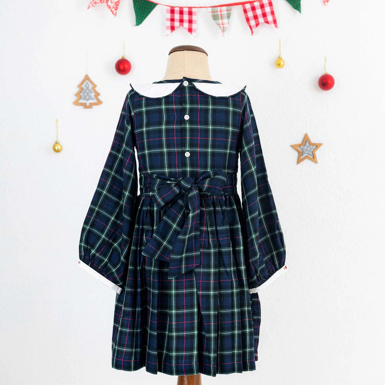 Soleilclo Tartan Hand Smocked Girls Dress - Green & Navy with Rose