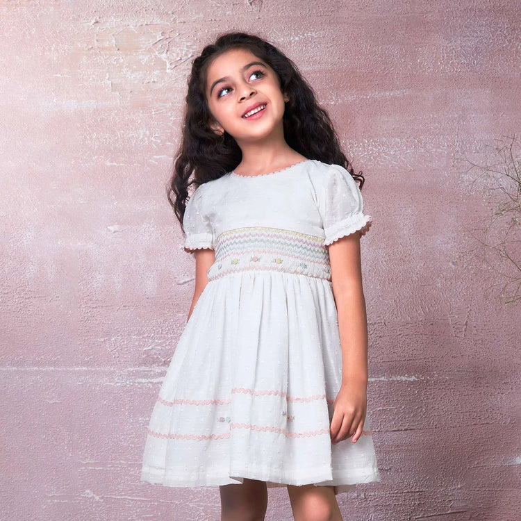 Soleilclo Ivory Swiss Dot Smocked Girls Dress