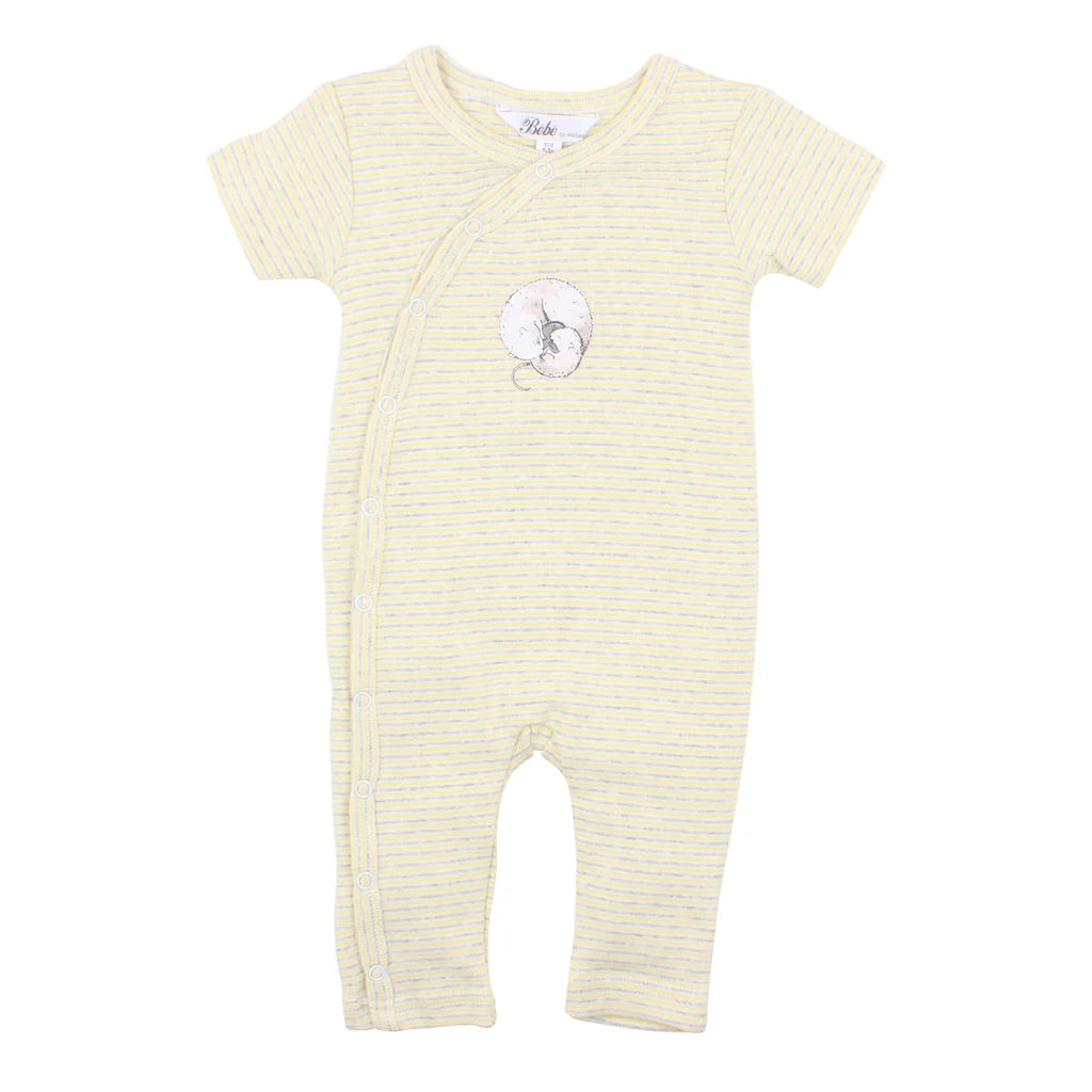 BEBE UNISEX MOCK WRAP ROMPER IN LEMON STRIPE(00000 Premature)