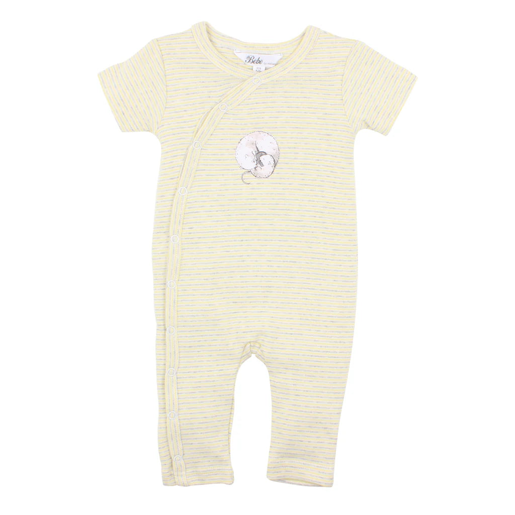 BEBE UNISEX MOCK WRAP ROMPER IN LEMON STRIPE(00000 Premature）