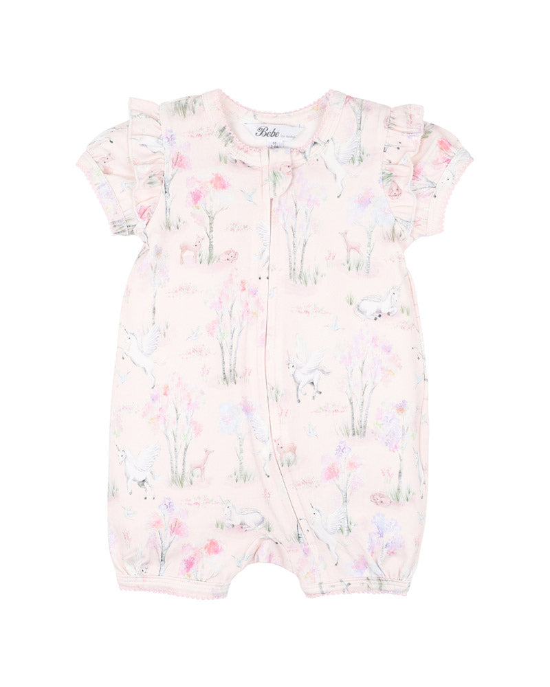 BEBE FLORENCE PRINT SS ZIP ROMPER