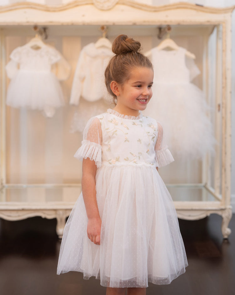 BEBE TULLE EMB FLORAL SS DRESS