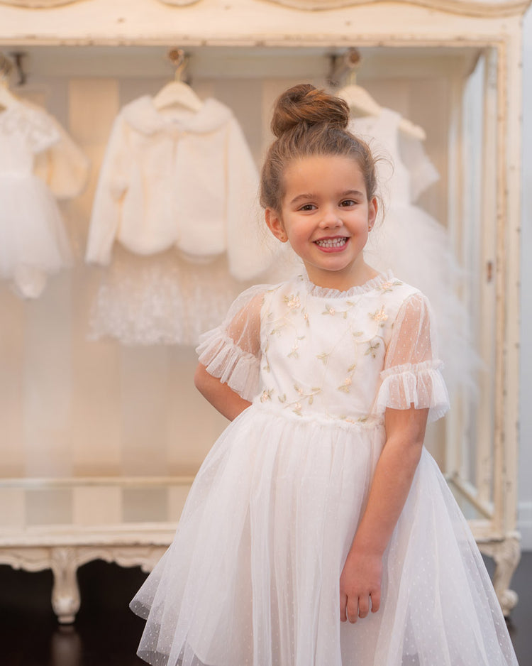 BEBE TULLE EMB FLORAL SS DRESS