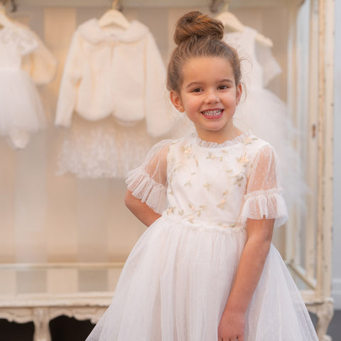 BEBE TULLE EMB FLORAL SS DRESS