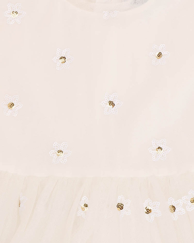BEBE FESTIVE WHITE SEQUIN DAISY DRESS