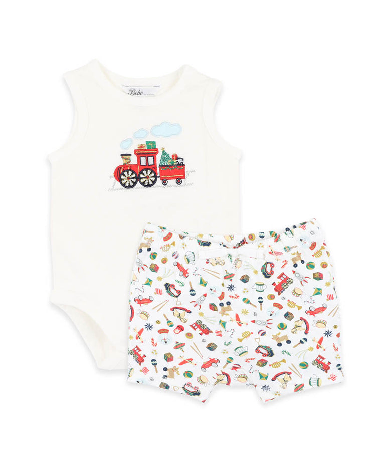 BEBE FESTIVE TRAIN SINGLETSUIT & SHORTS SET
