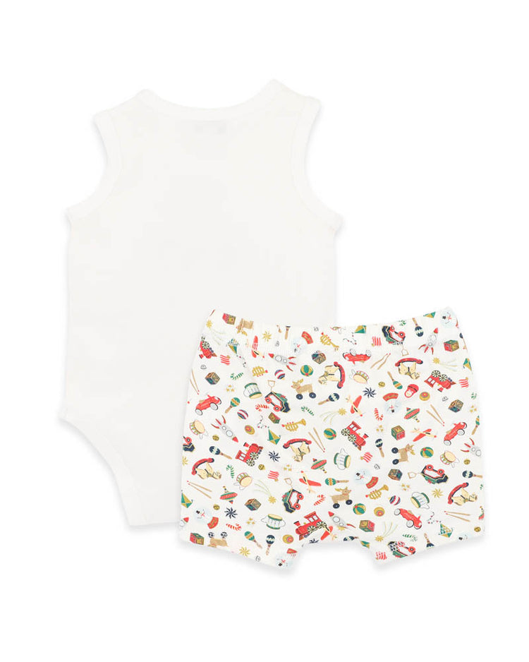 BEBE FESTIVE TRAIN SINGLETSUIT & SHORTS SET