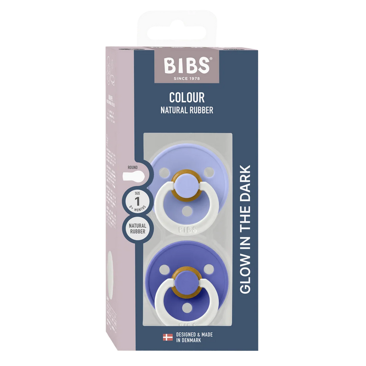 BIBS Dummies Hush/Grape GLOW Round, Latex (2pk)- Size1