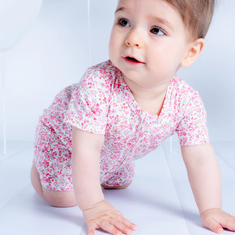 BEBE FLORAL ORGANIC SHORT SLEEVE ROMPER