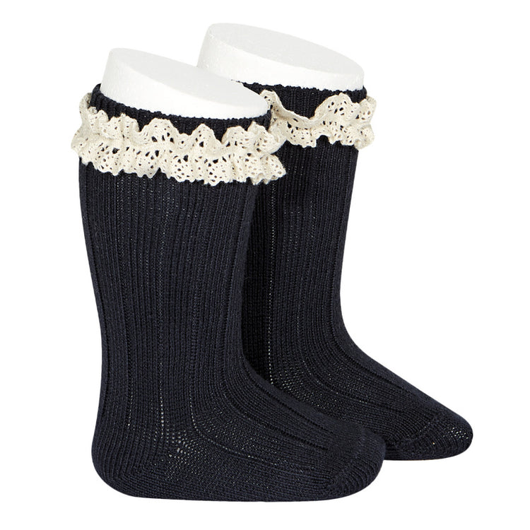 Condor Vintage Lace Knee High Sock 2438/2 -480 Navy