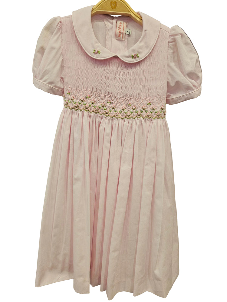 Meleze Hand Smocked Dress Short Sleeves - Light Pink with Rose Embroidery