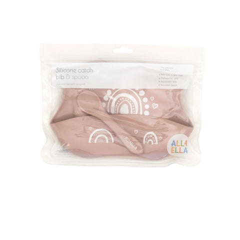 ALL4ELLA Silicone catch bib & spoon - Rainbow Dusty Pink