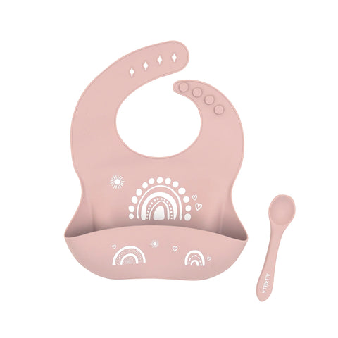 ALL4ELLA Silicone catch bib & spoon - Rainbow Dusty Pink