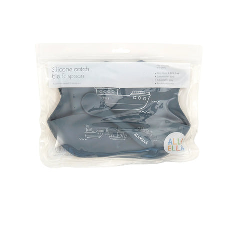 ALL4ELLA Silicone catch bib & spoon - Boats Slate Blue