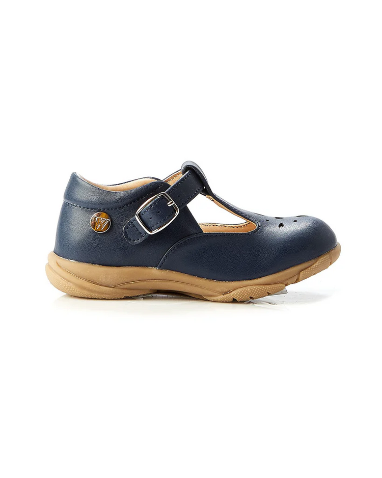 WALNUT RIO LEATHER TBAR SHOE - NAVY