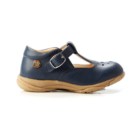 WALNUT RIO LEATHER TBAR SHOE - NAVY