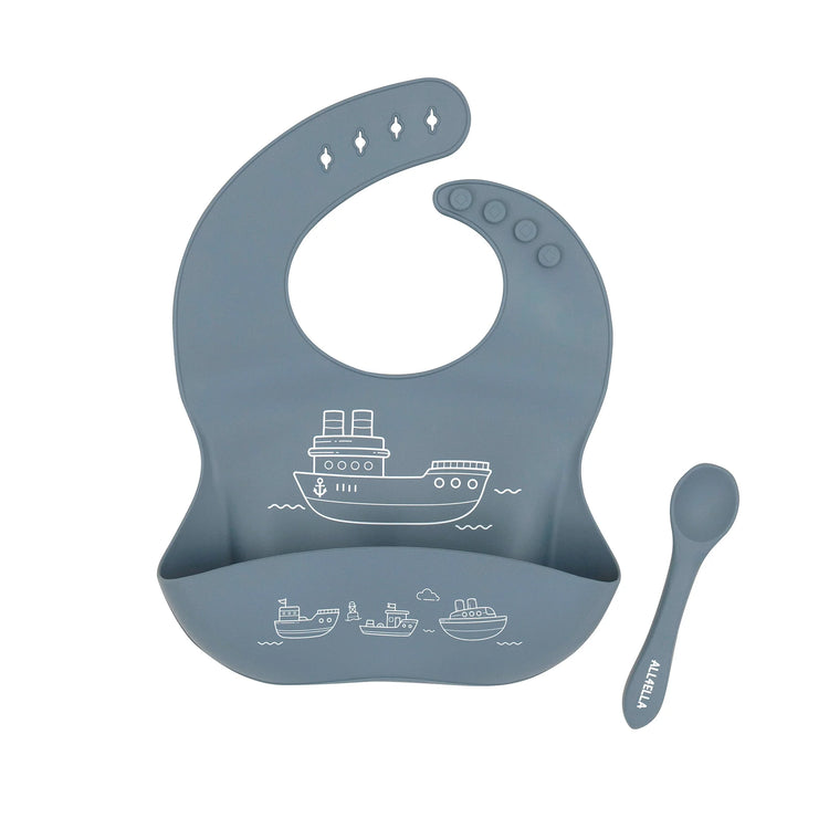 ALL4ELLA Silicone catch bib & spoon - Boats Slate Blue