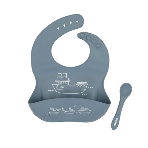 ALL4ELLA Silicone catch bib & spoon - Boats Slate Blue