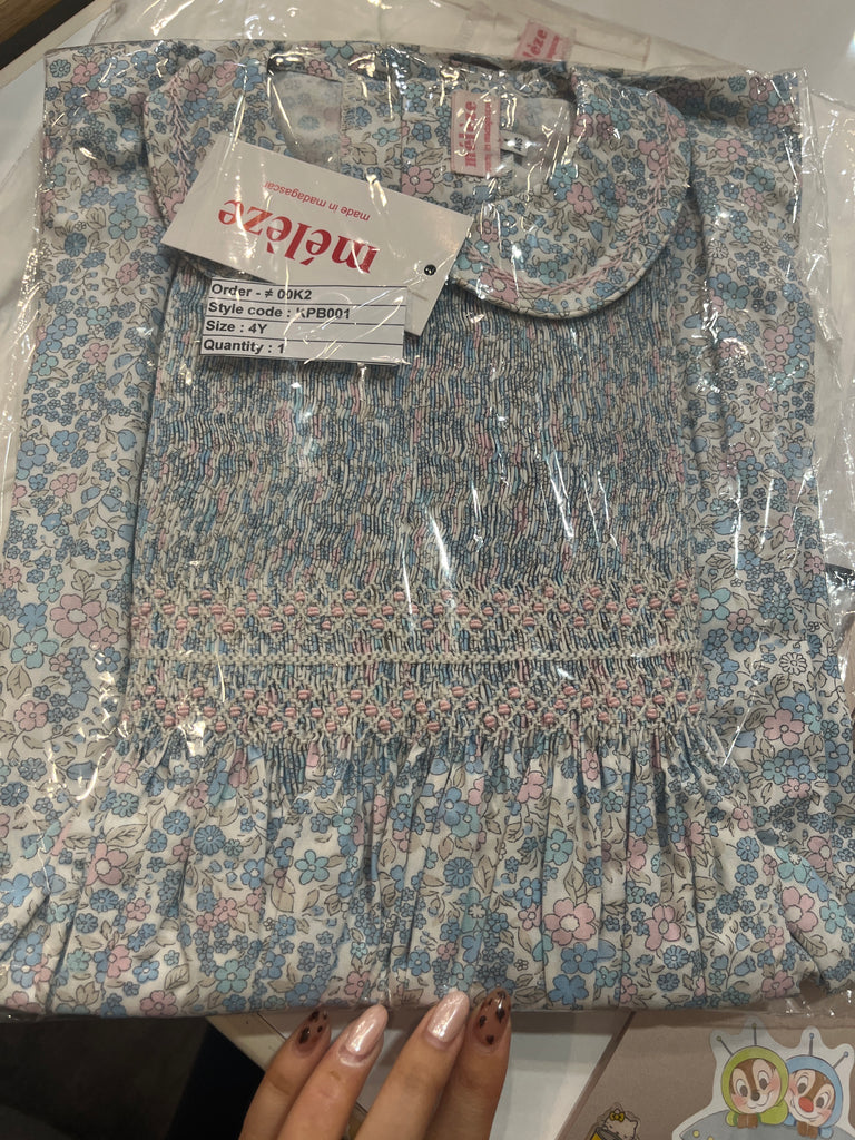 Meleze Hand Smocked Dress Short Sleeves Bluebell Whisper With Collar 6M-8Y