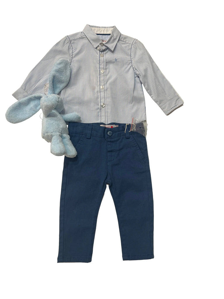 Boboli SIze 9M Blue striped long-sleeve polo shirt and Navy skinny pants Set with Free Blue Bunny Rattle Special Combo